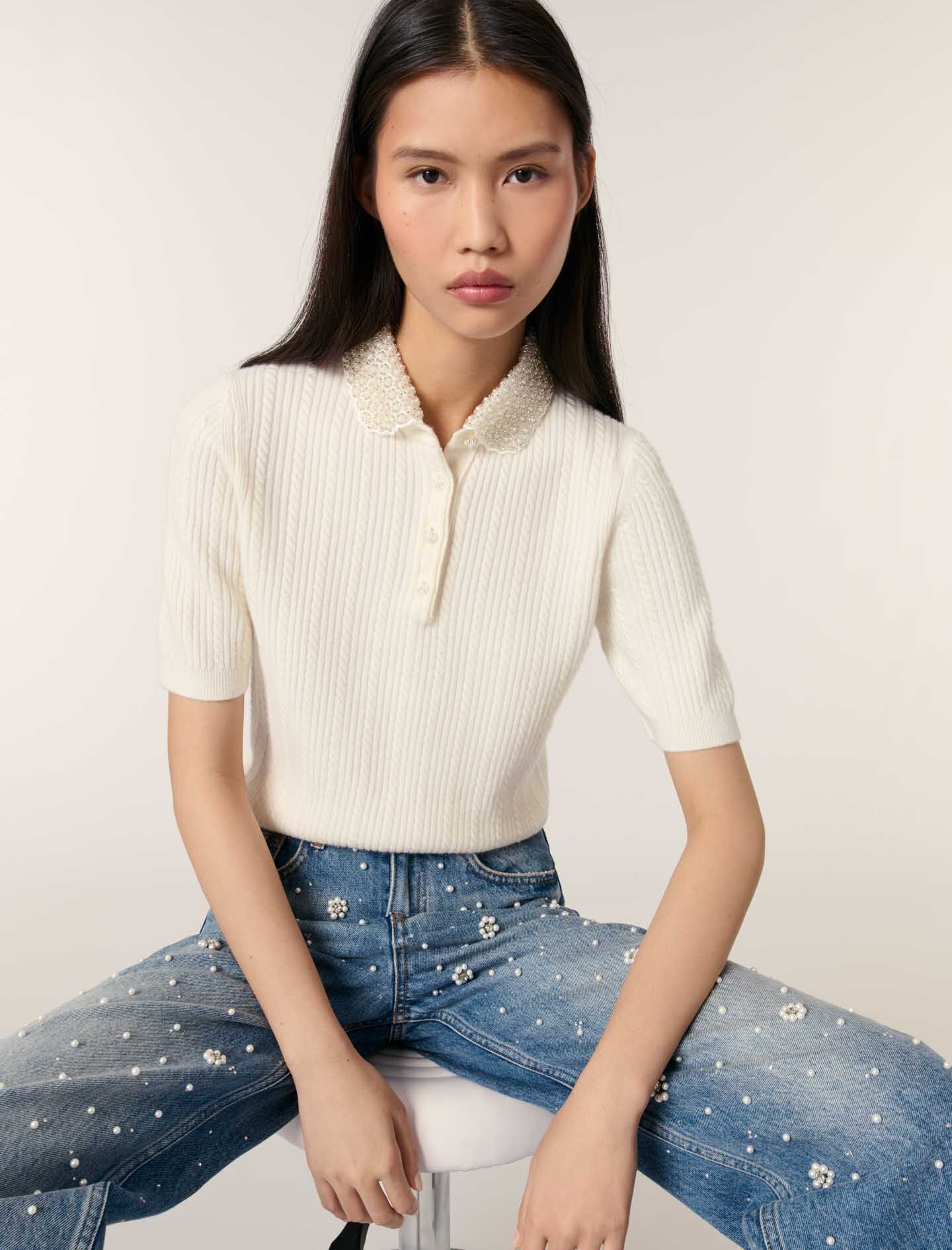 Removable collar knit polo shirt