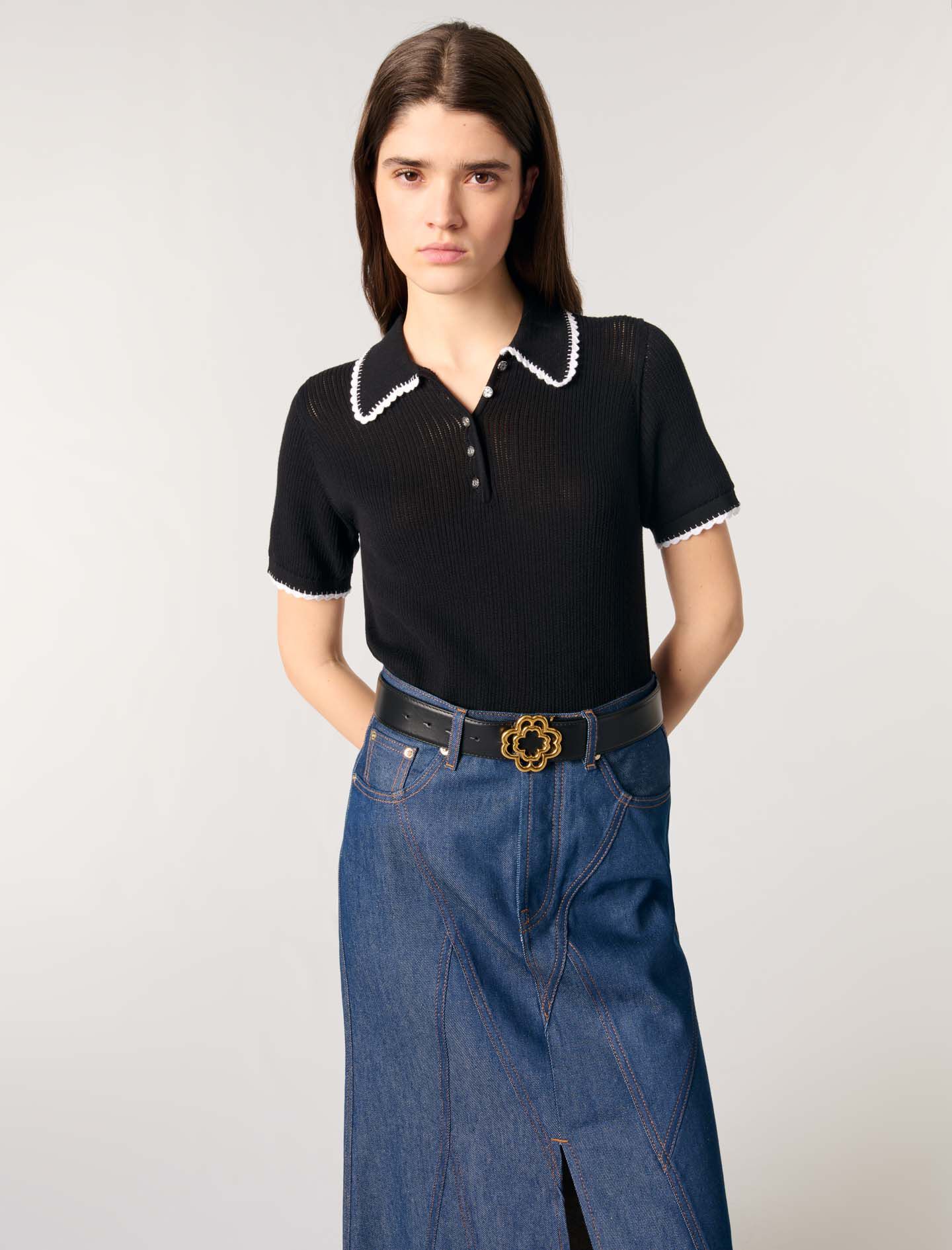 Pointelle knit crochet polo shirt