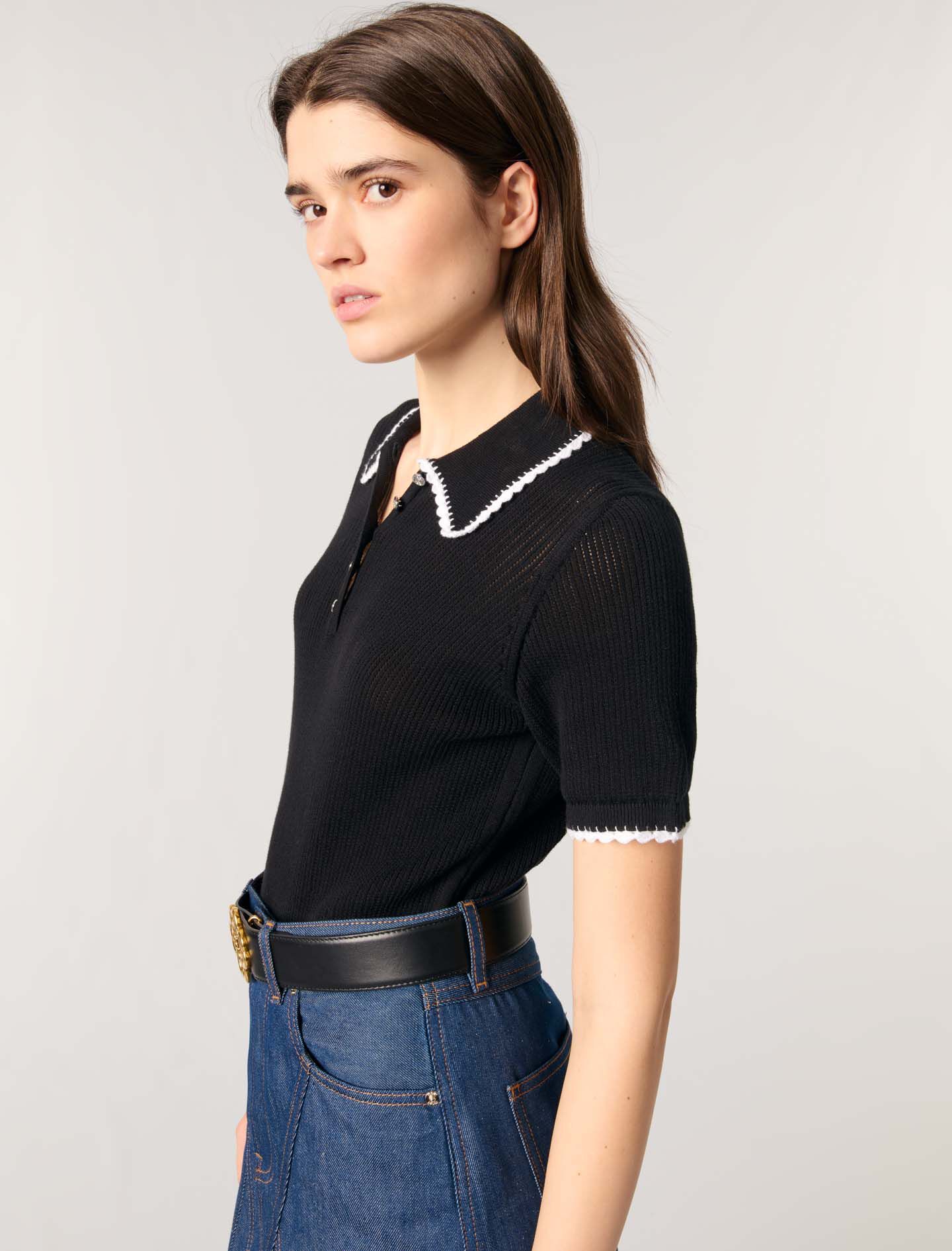 Pointelle knit crochet polo shirt