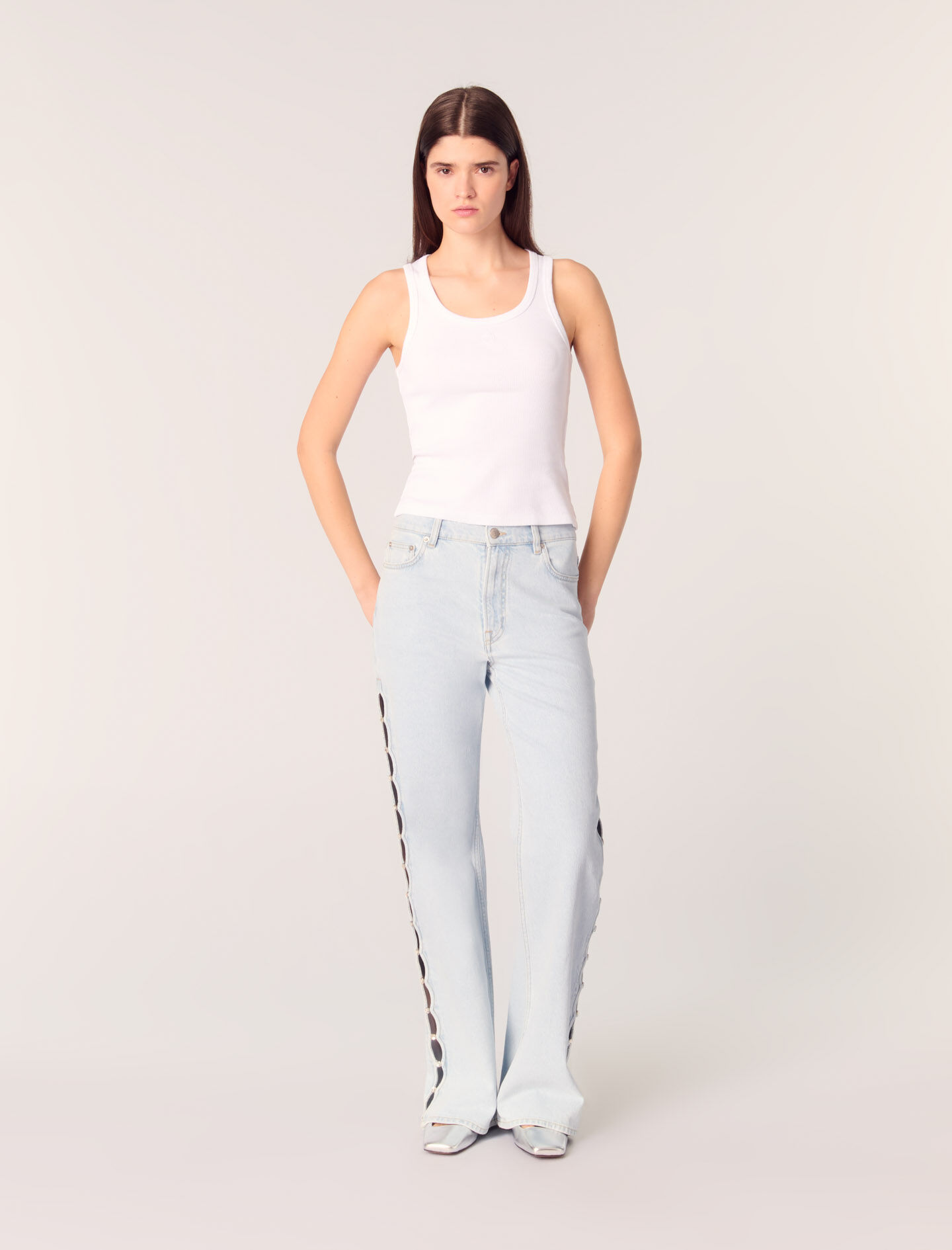Wide-leg rhinestone cutaway jeans