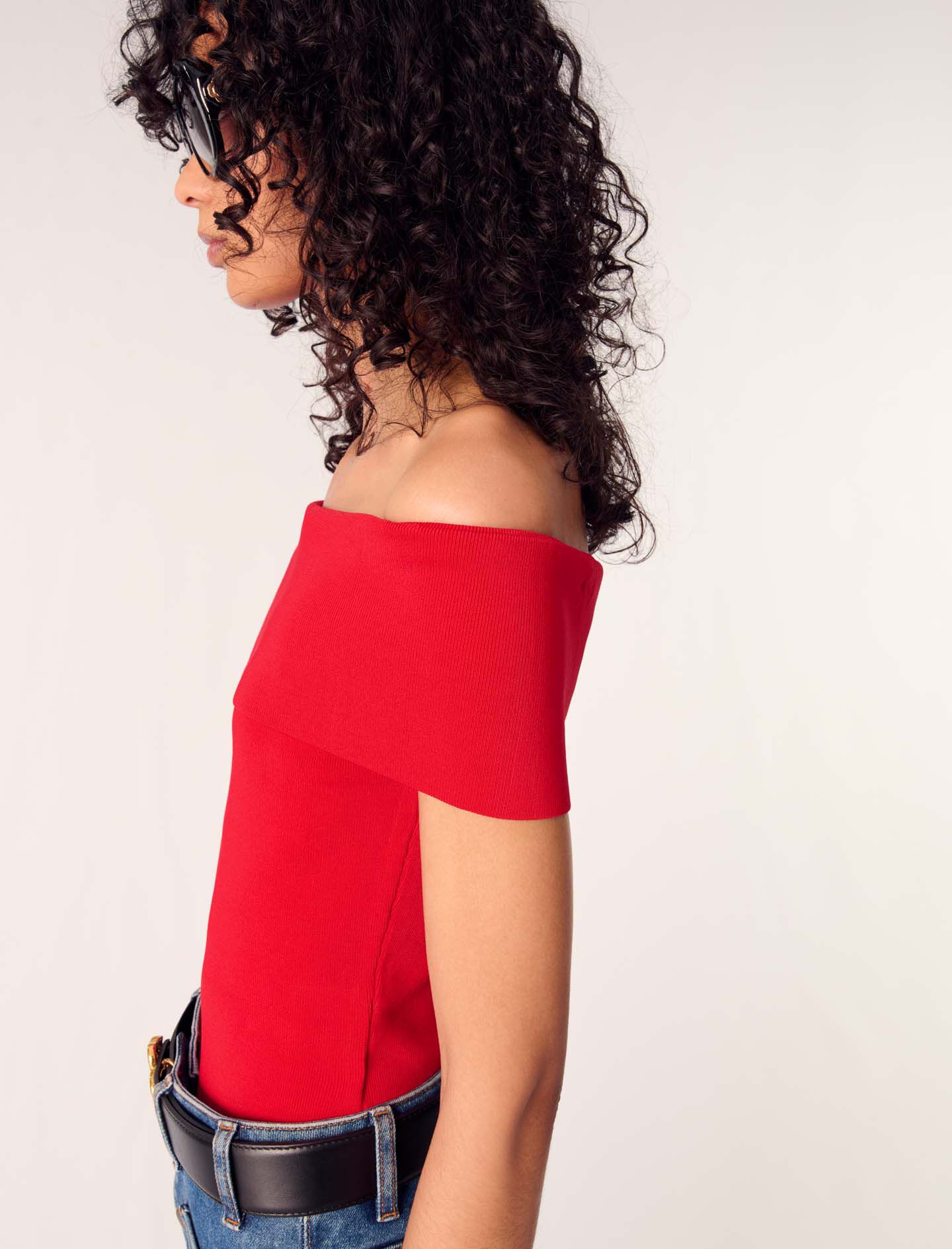 Rib knit bardot-neck top