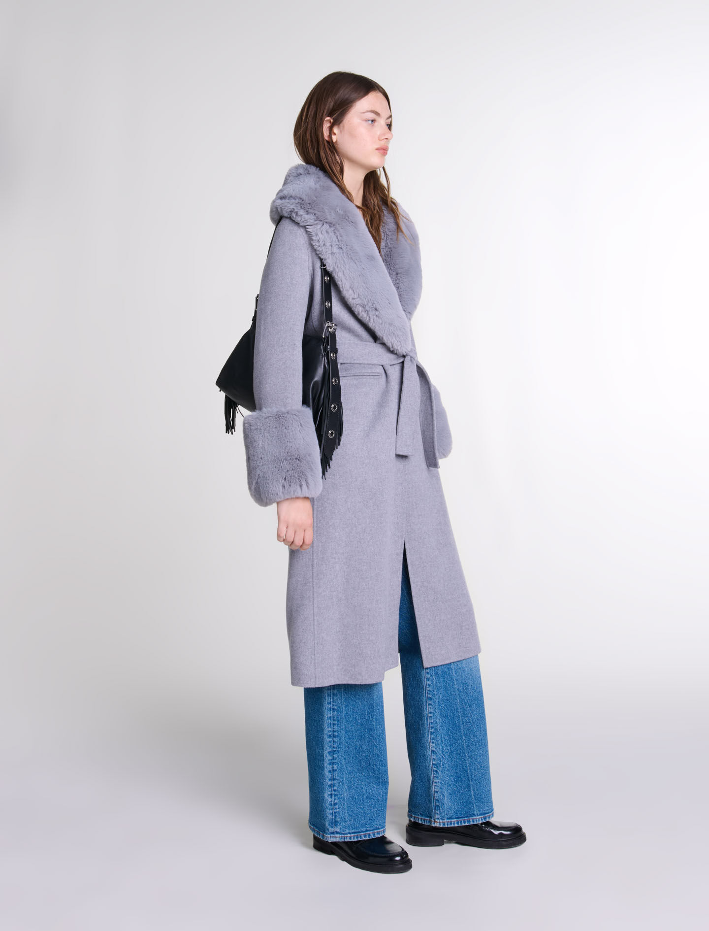 Long coat with faux fur collar