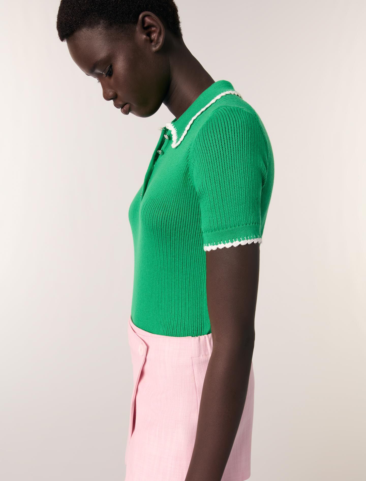 Pointelle knit crochet polo shirt