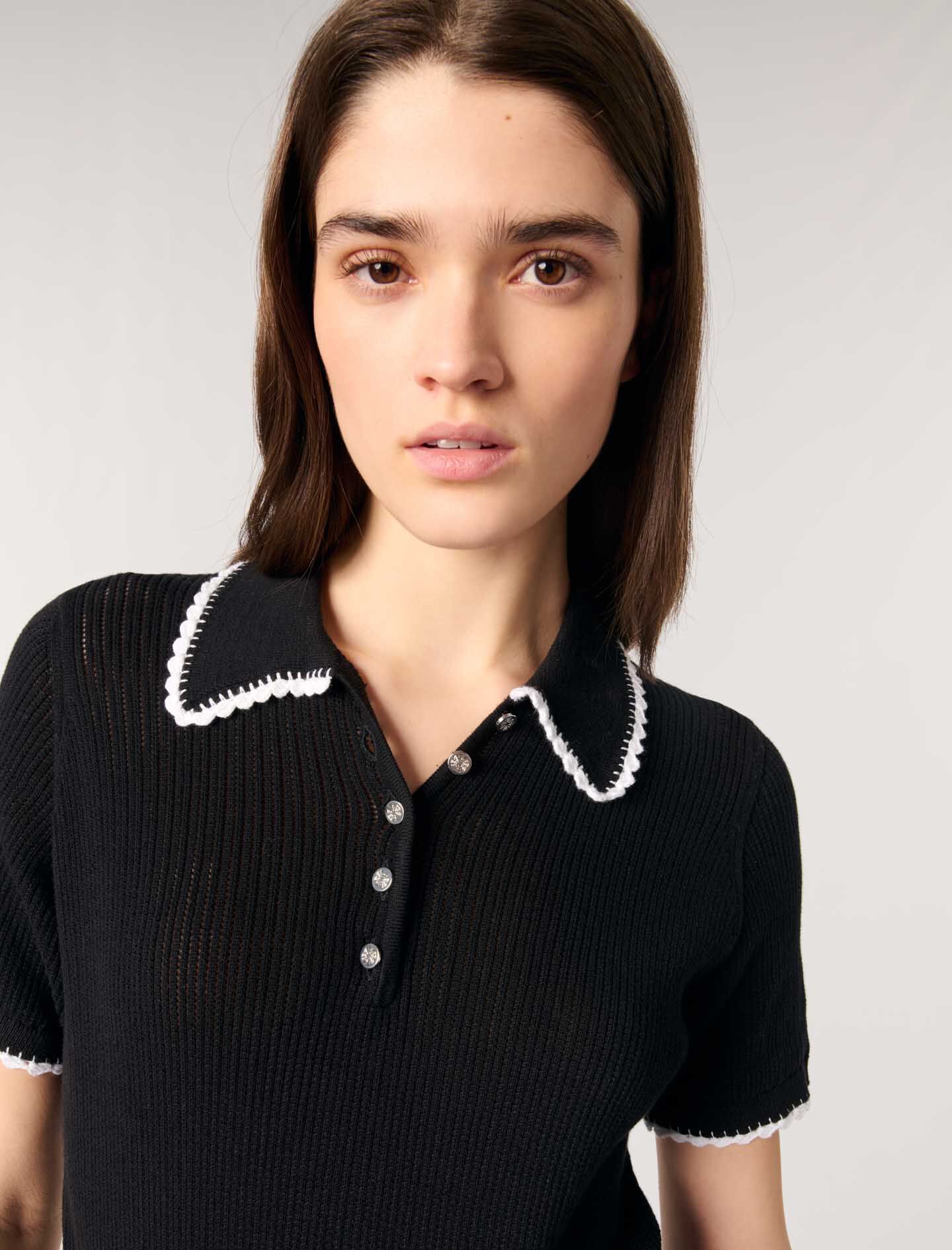 Pointelle knit crochet polo shirt