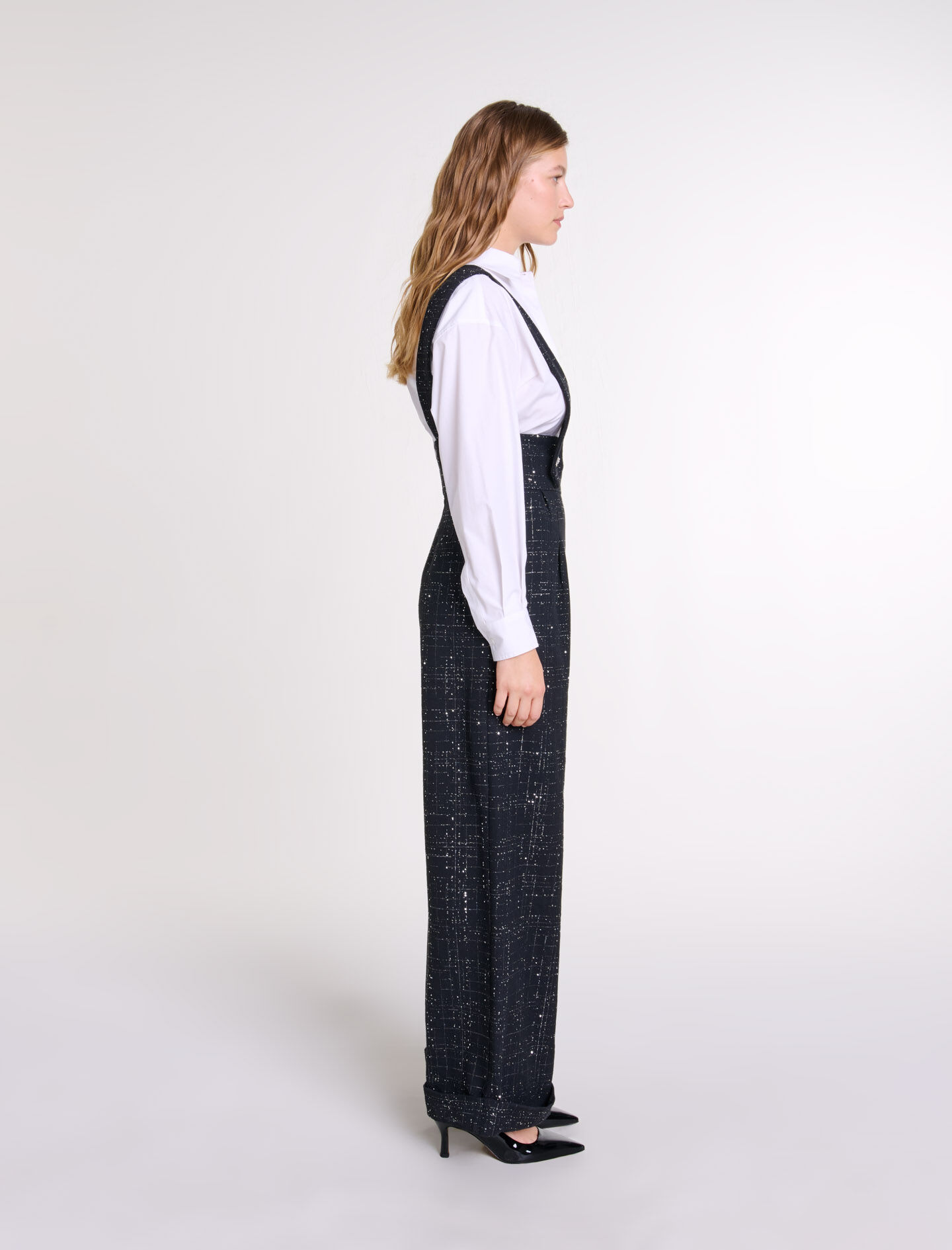 Wide-leg trousers with tweed braces