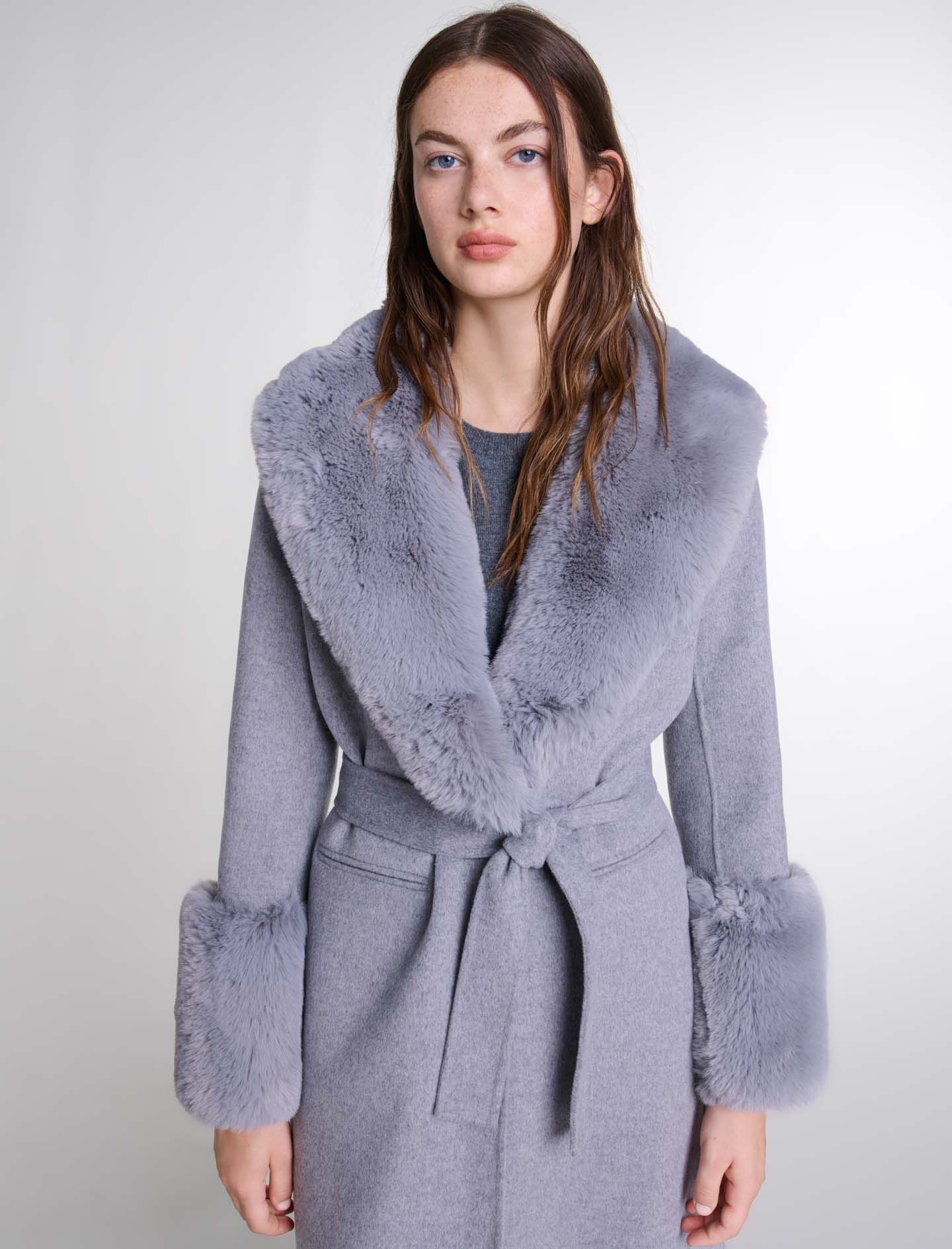 Long coat with faux fur collar