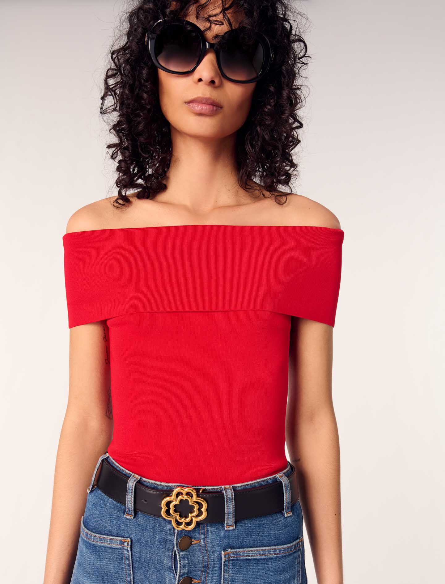 Rib knit bardot-neck top