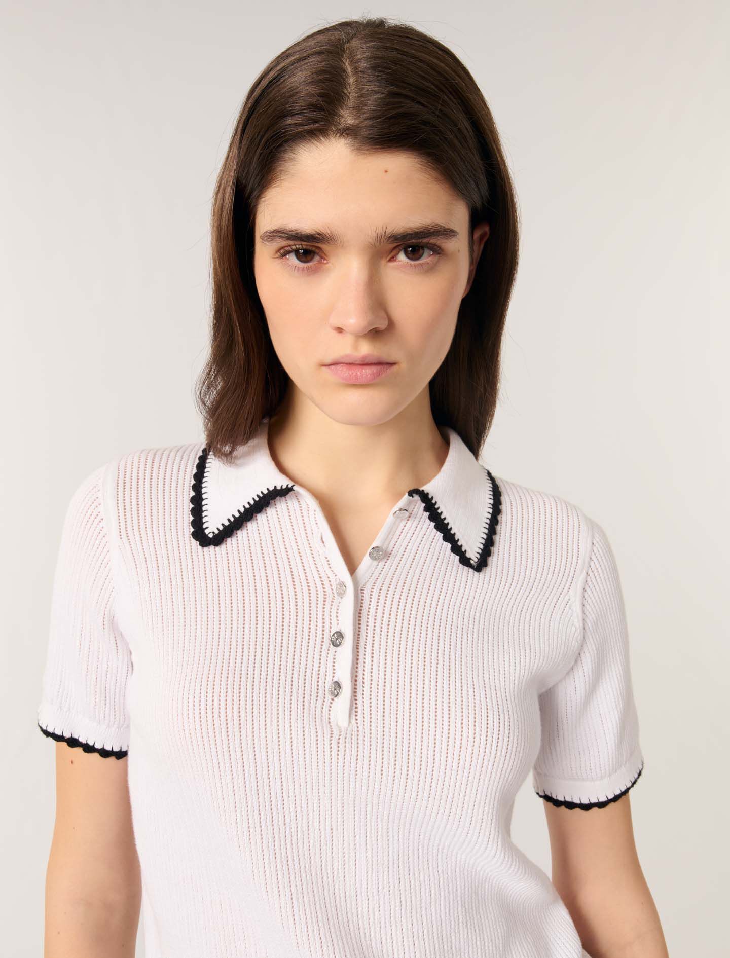 Pointelle knit crochet polo shirt