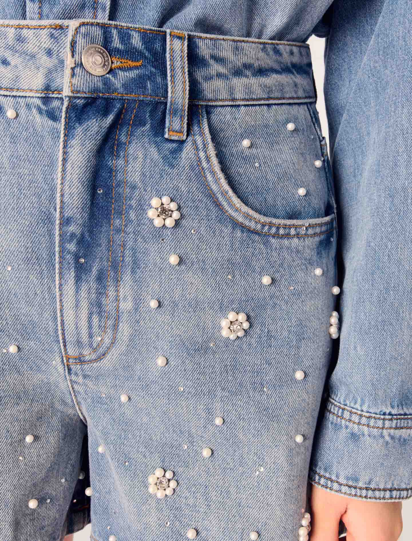 Denim shorts with embroidered beads