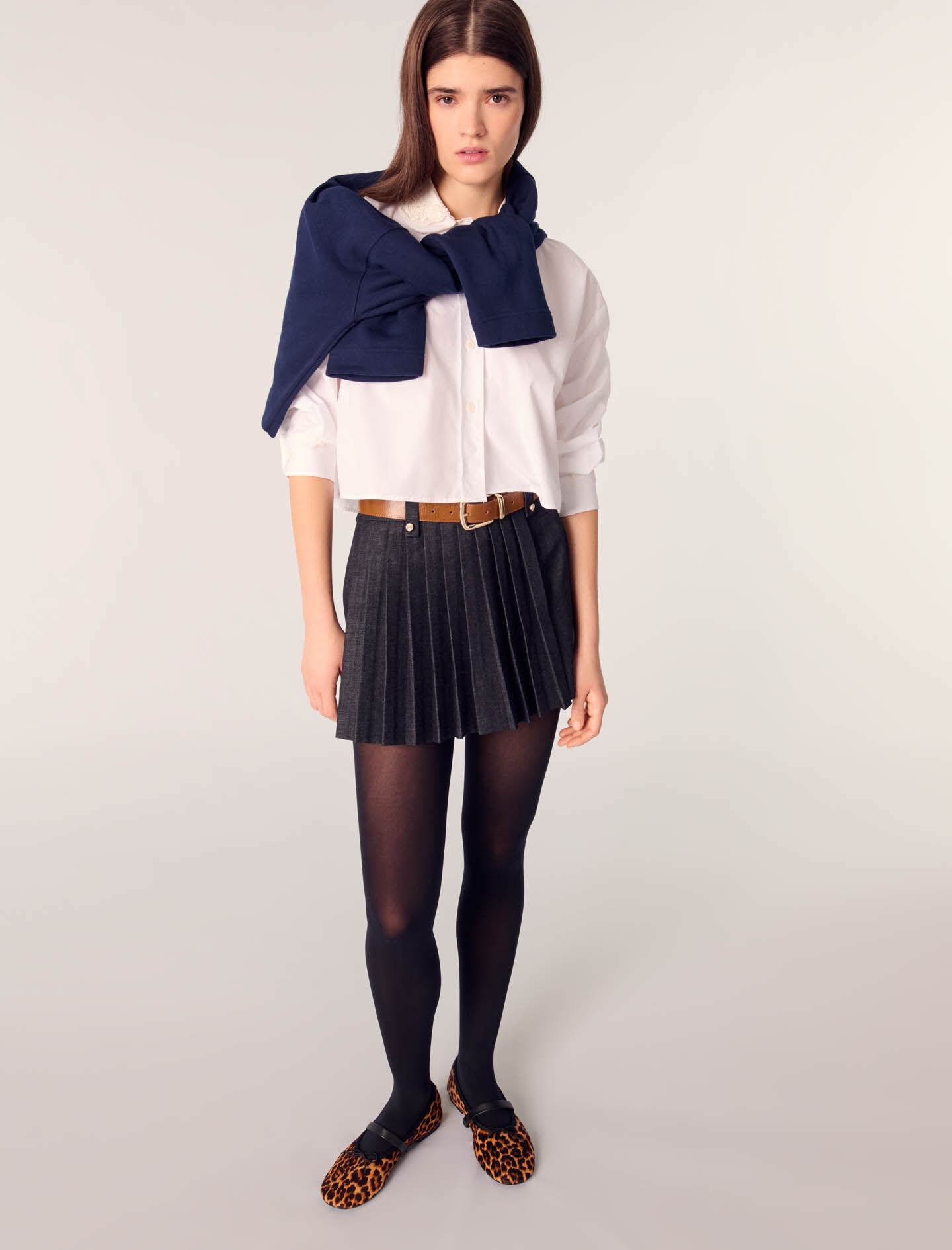 Layered-effect pleated denim shorts