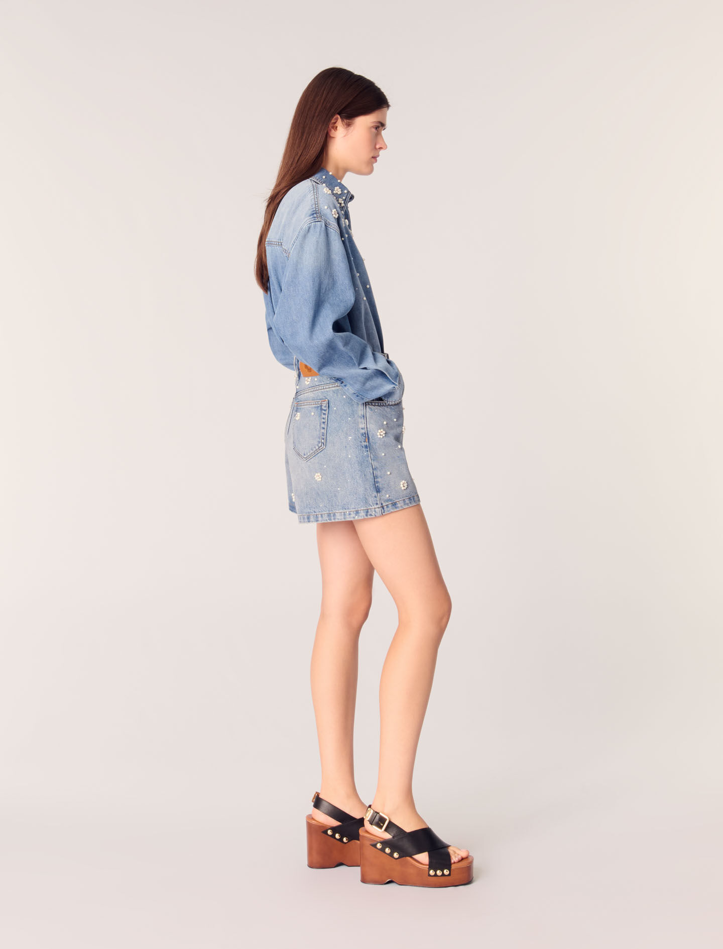 Denim shorts with embroidered beads