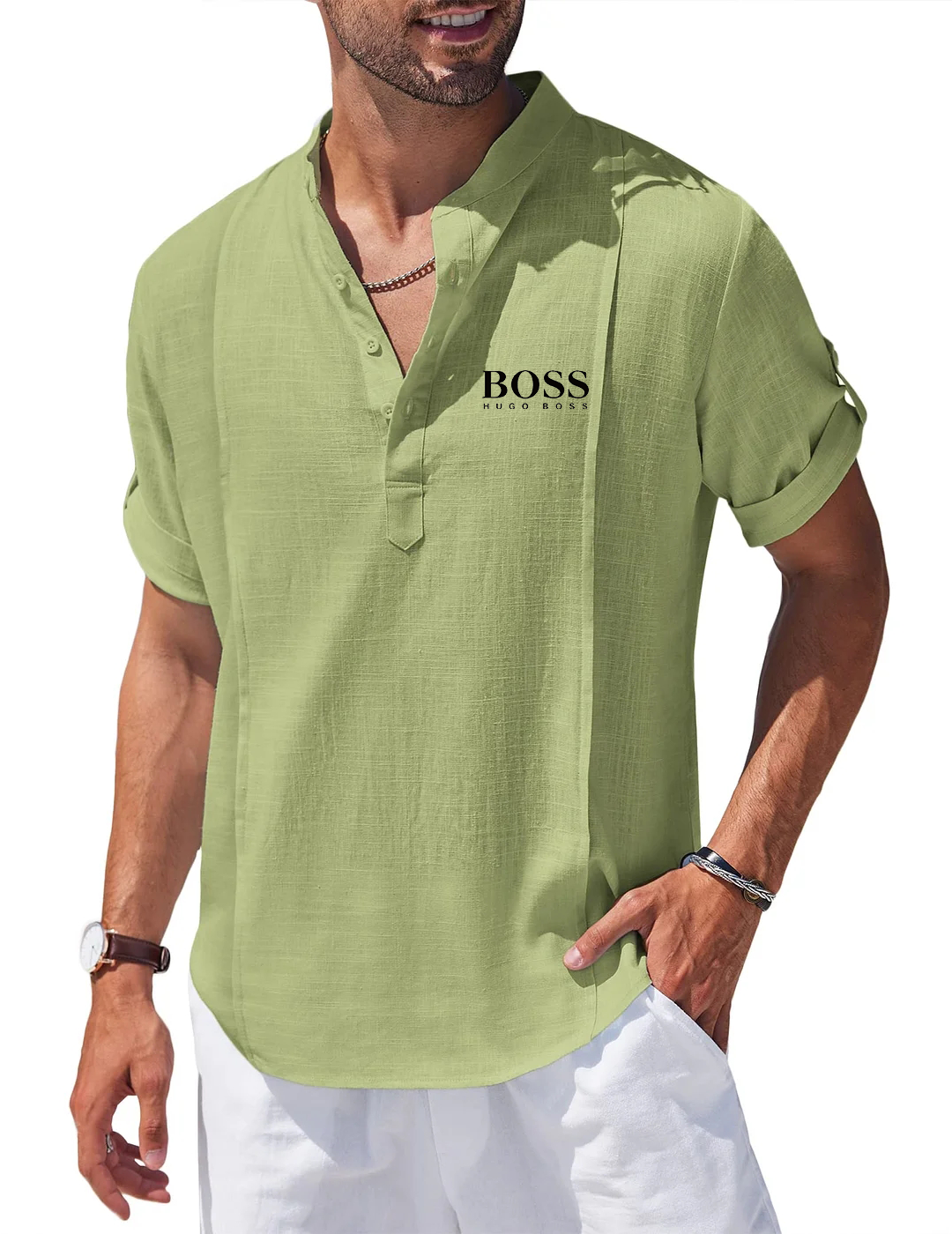 Men's Linen Cotton Henley Shirt Casual Beach Hippie Shirts Short Sleeve T Shirts