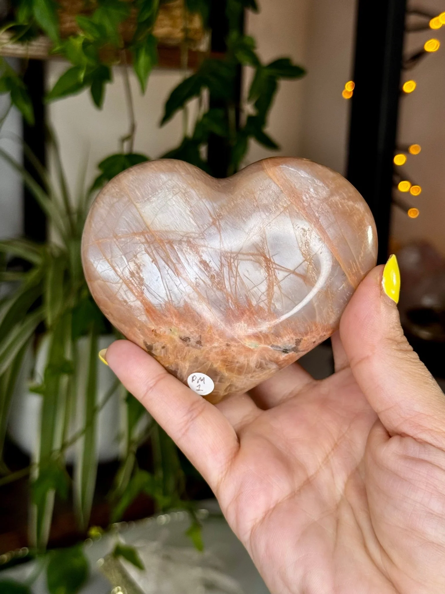 Flashy Peach Moonstone Heart with stand  | 331g