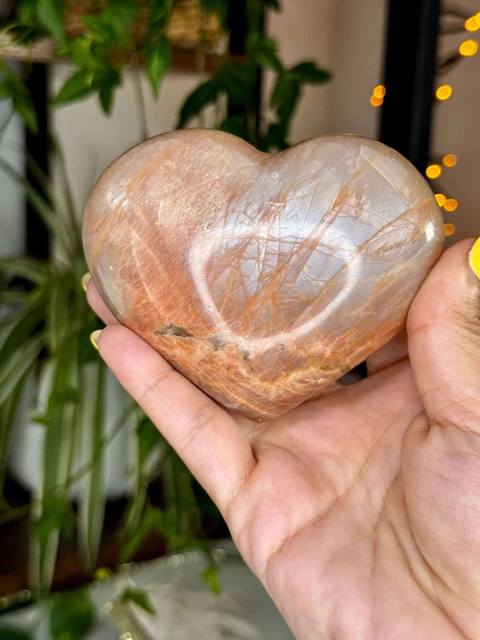 Flashy Peach Moonstone Heart with stand  | 331g