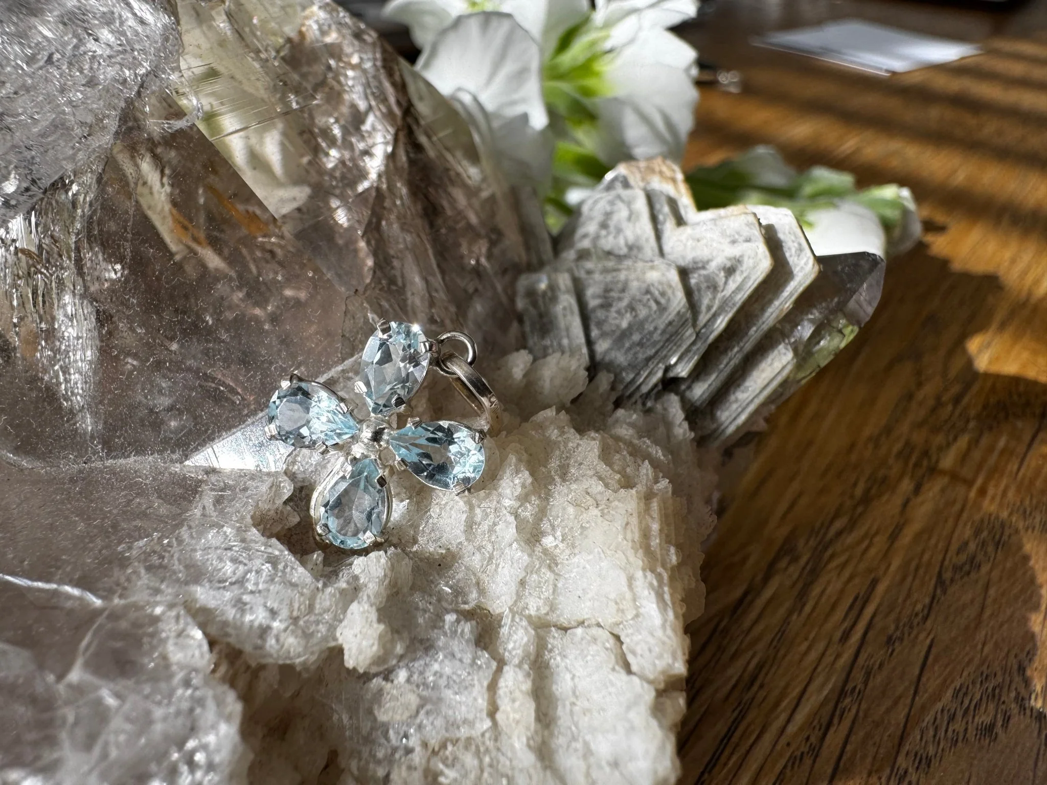 Handmade 925 Silver Blue Topaz Clover Pendant