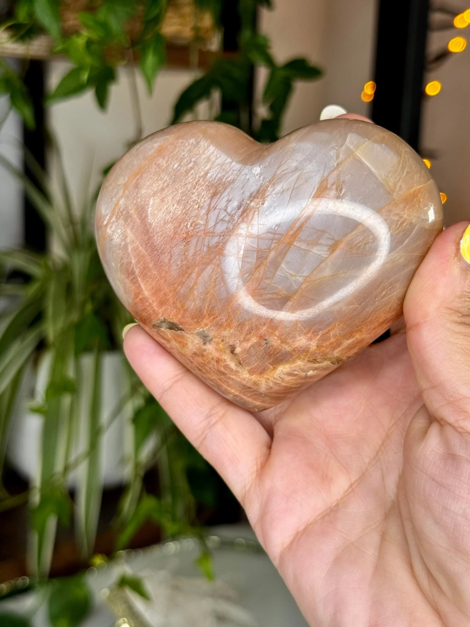 Flashy Peach Moonstone Heart with stand  | 331g