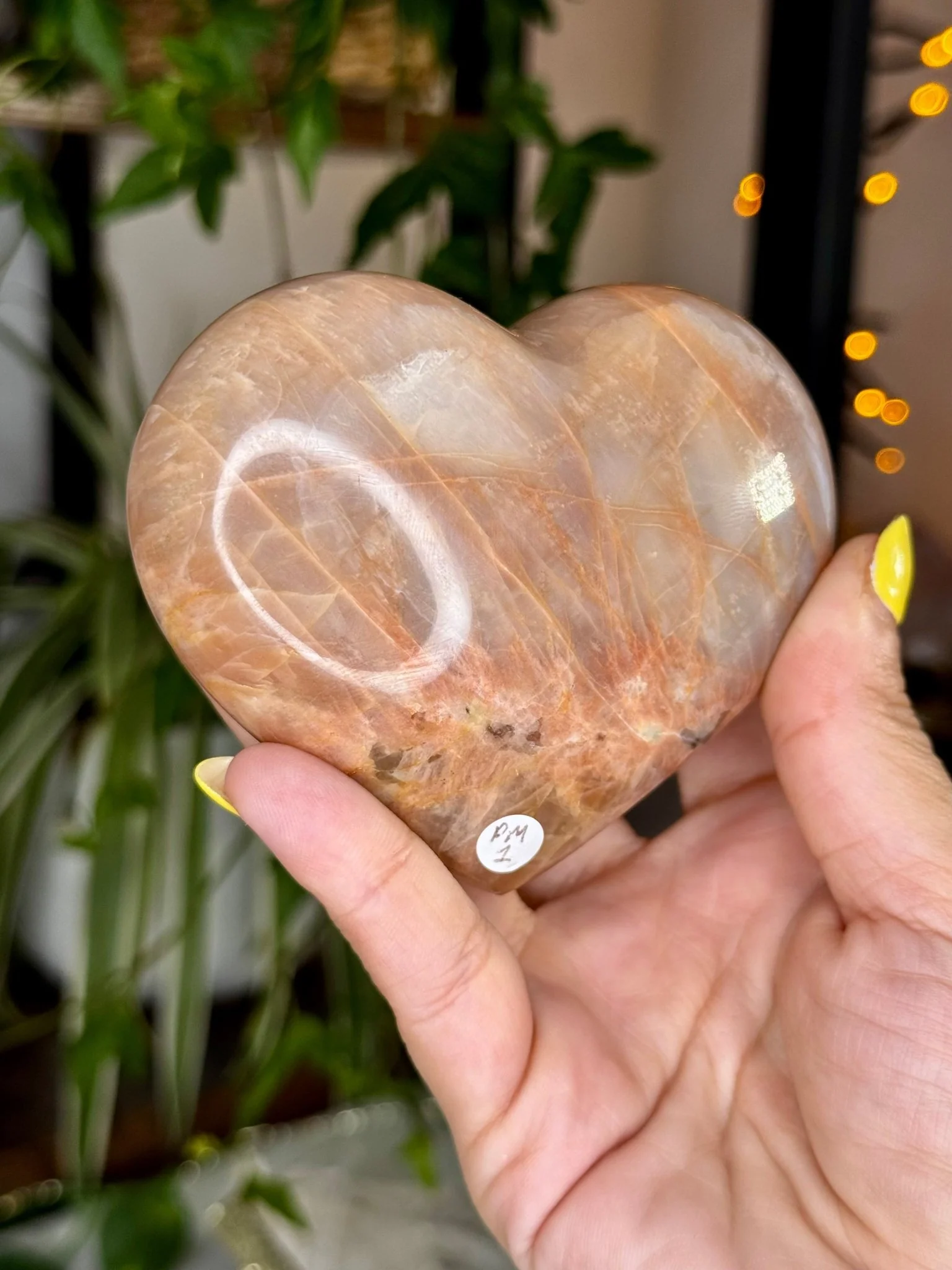Flashy Peach Moonstone Heart with stand  | 331g