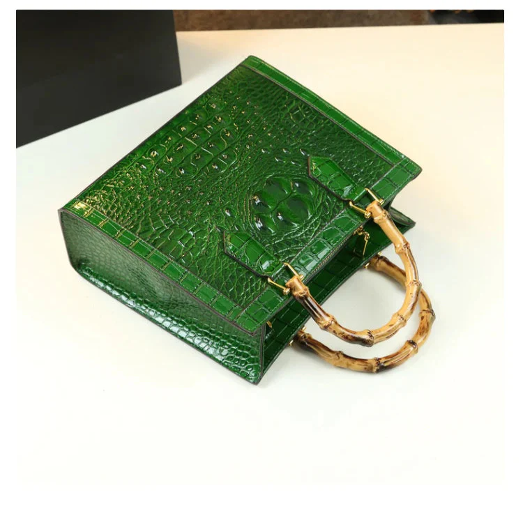 Crocodile Pattern Genuine Leather Structured Bag with Bamboo Handles