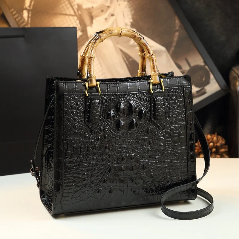 Crocodile Pattern Genuine Leather Structured Bag with Bamboo Handles