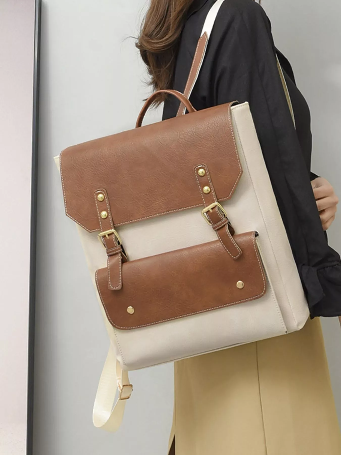 Two Tone Buckle Backpack Bag