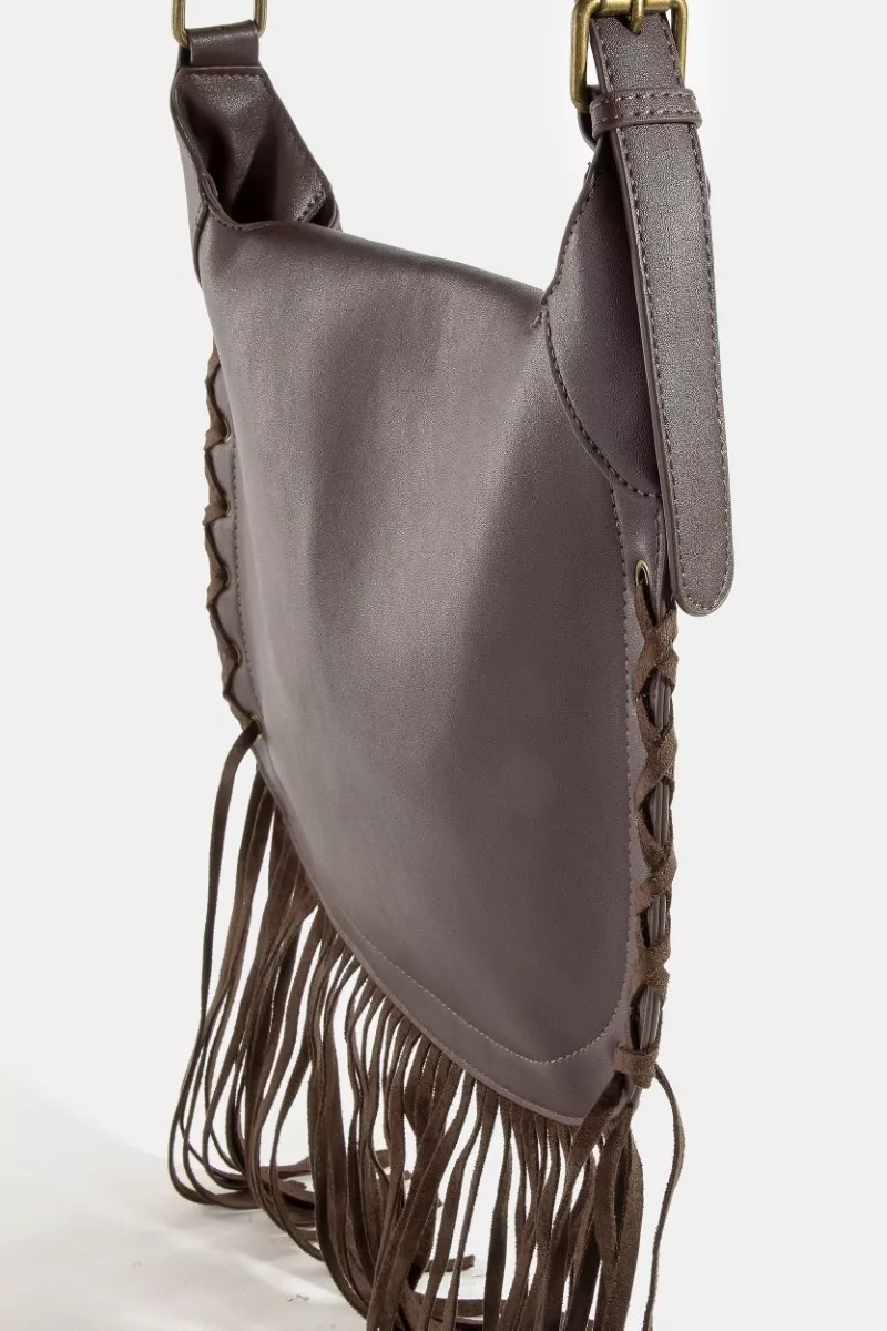 Fame Rivet Trim Suede Fringe Shoulder Bag