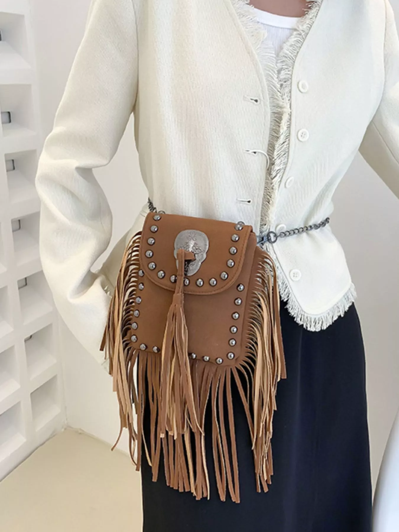 Fringe Rivet Decor Crossbody Bag