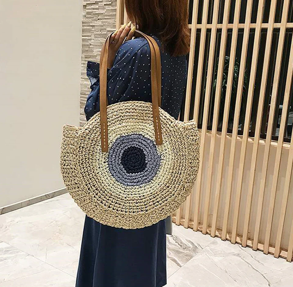 Large Woven Round Boho Bag �C Statement Straw Tote