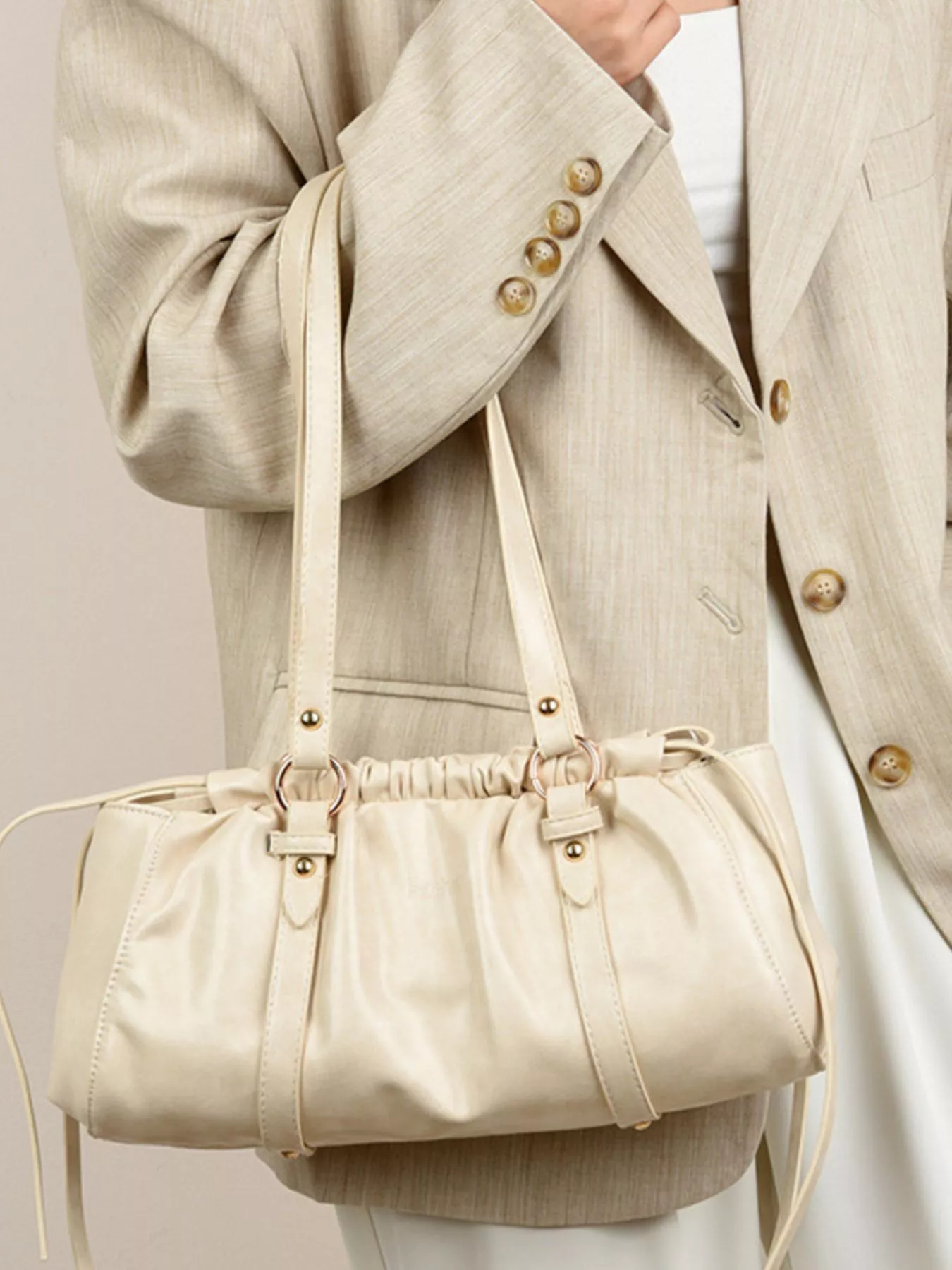 Ruched Leather Shoulder Bag
