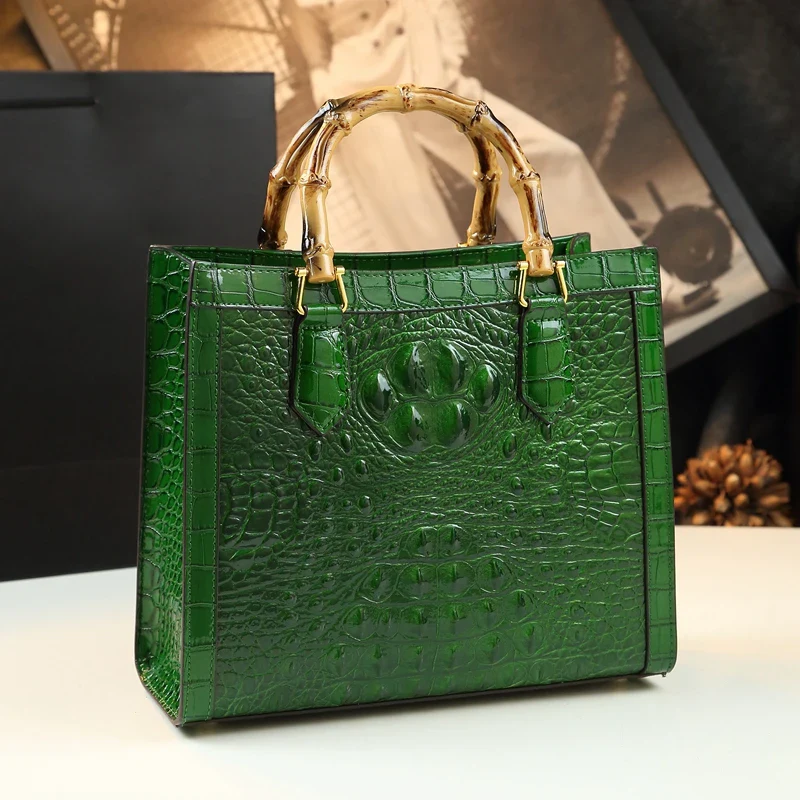 Crocodile Pattern Genuine Leather Structured Bag with Bamboo Handles