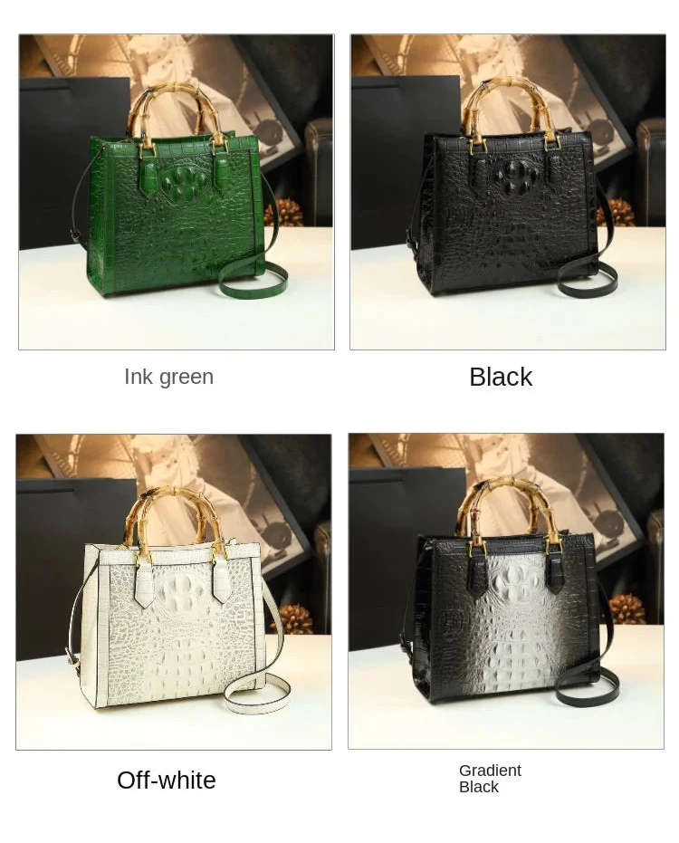 Crocodile Pattern Genuine Leather Structured Bag with Bamboo Handles