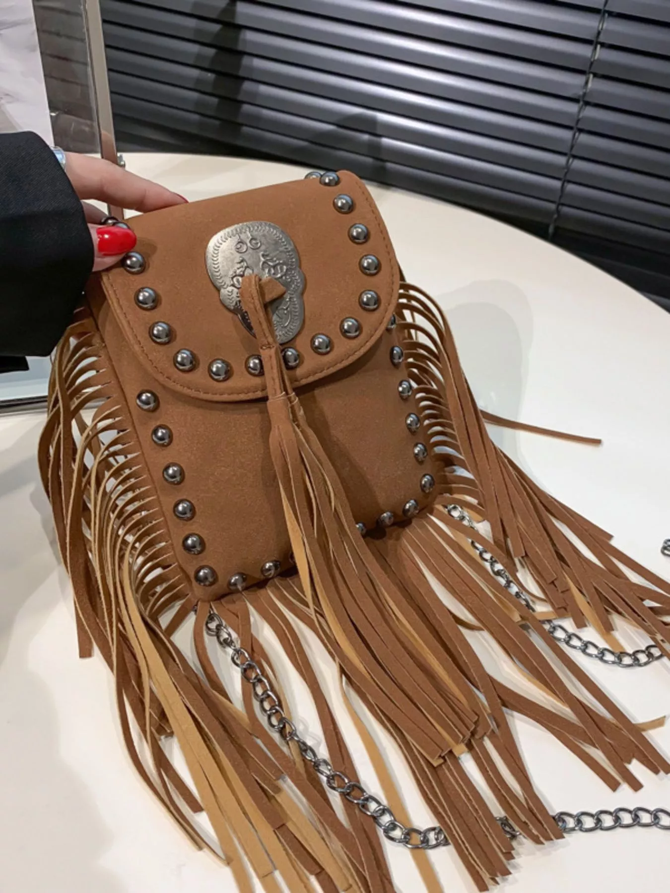 Fringe Rivet Decor Crossbody Bag