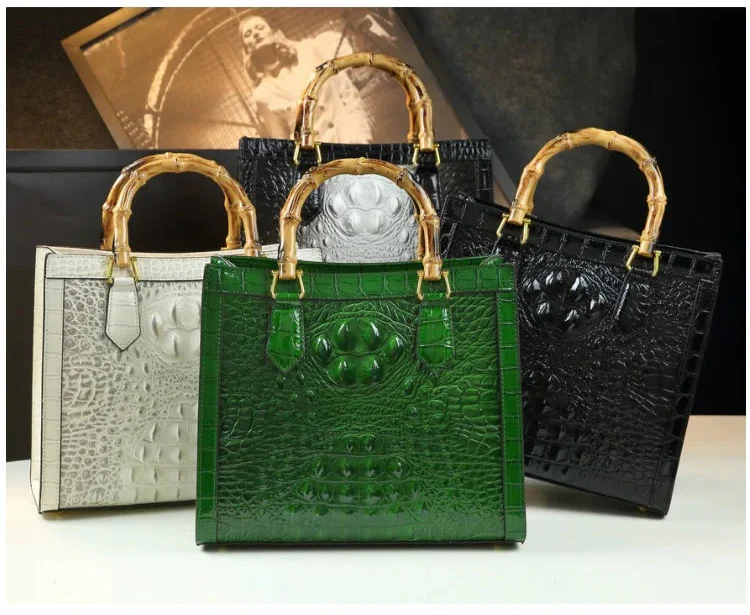 Crocodile Pattern Genuine Leather Structured Bag with Bamboo Handles