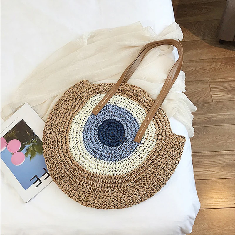 Large Woven Round Boho Bag �C Statement Straw Tote