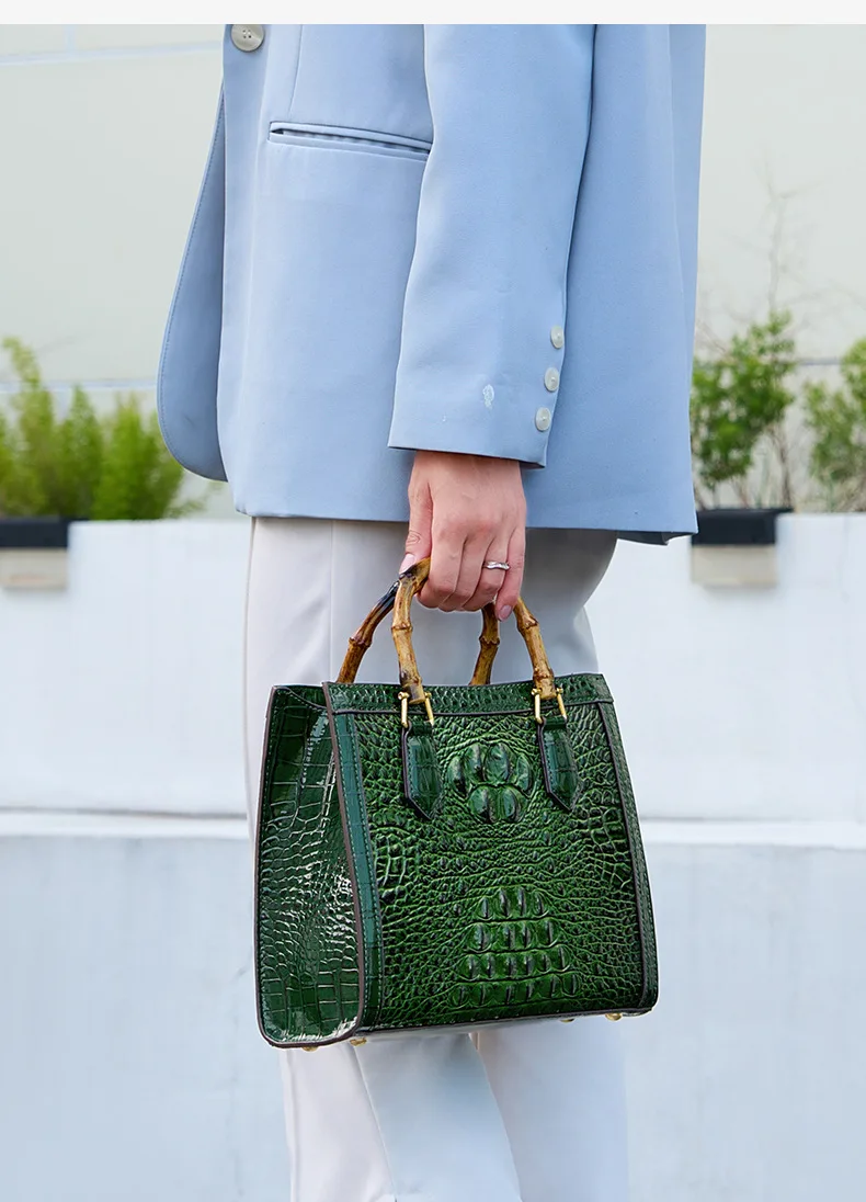 Crocodile Pattern Genuine Leather Structured Bag with Bamboo Handles