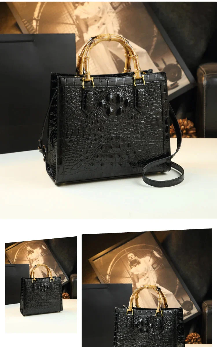 Crocodile Pattern Genuine Leather Structured Bag with Bamboo Handles