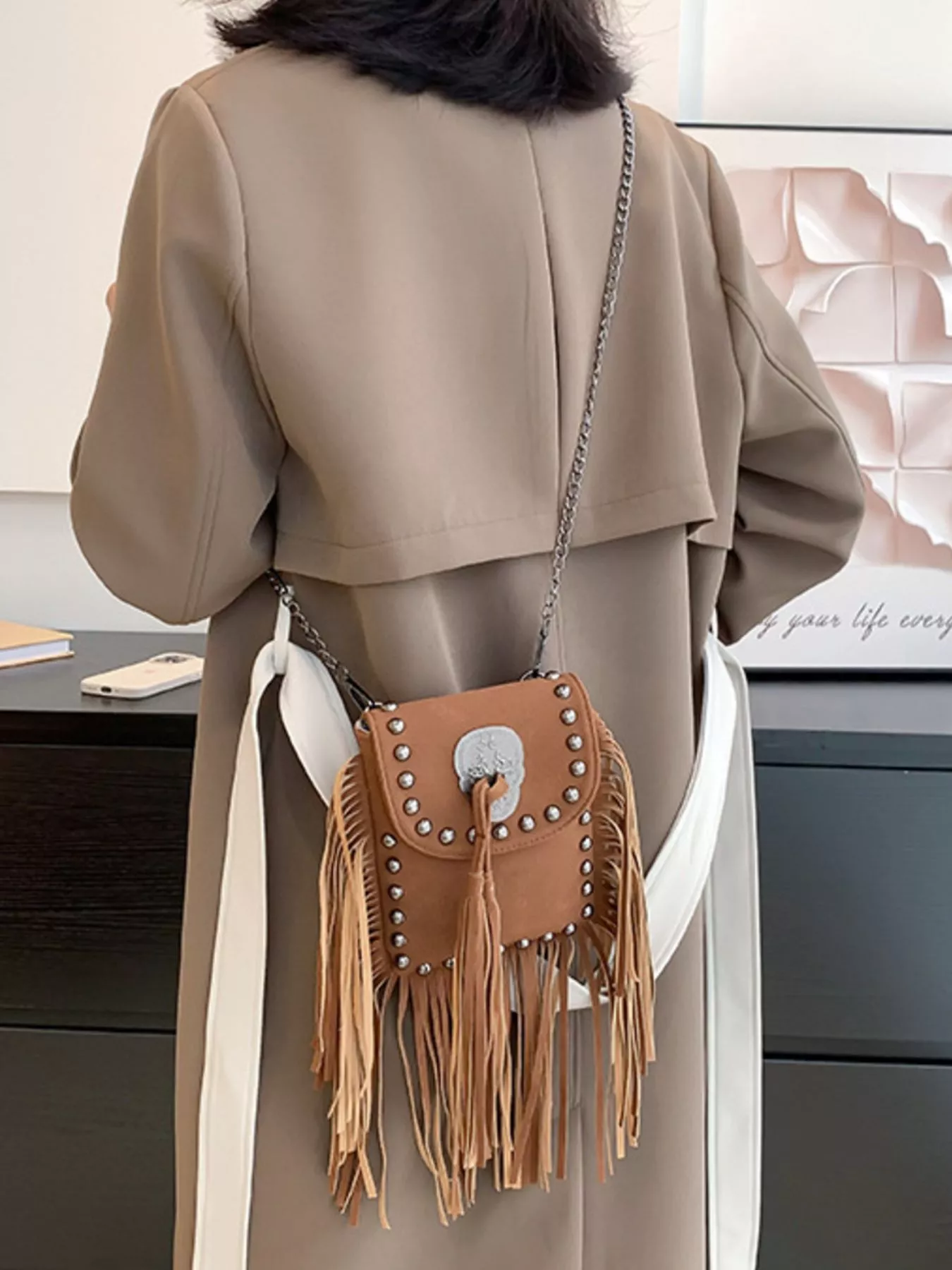 Fringe Rivet Decor Crossbody Bag