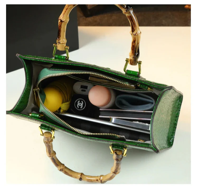 Crocodile Pattern Genuine Leather Structured Bag with Bamboo Handles