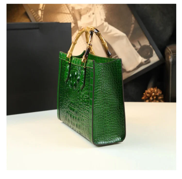 Crocodile Pattern Genuine Leather Structured Bag with Bamboo Handles
