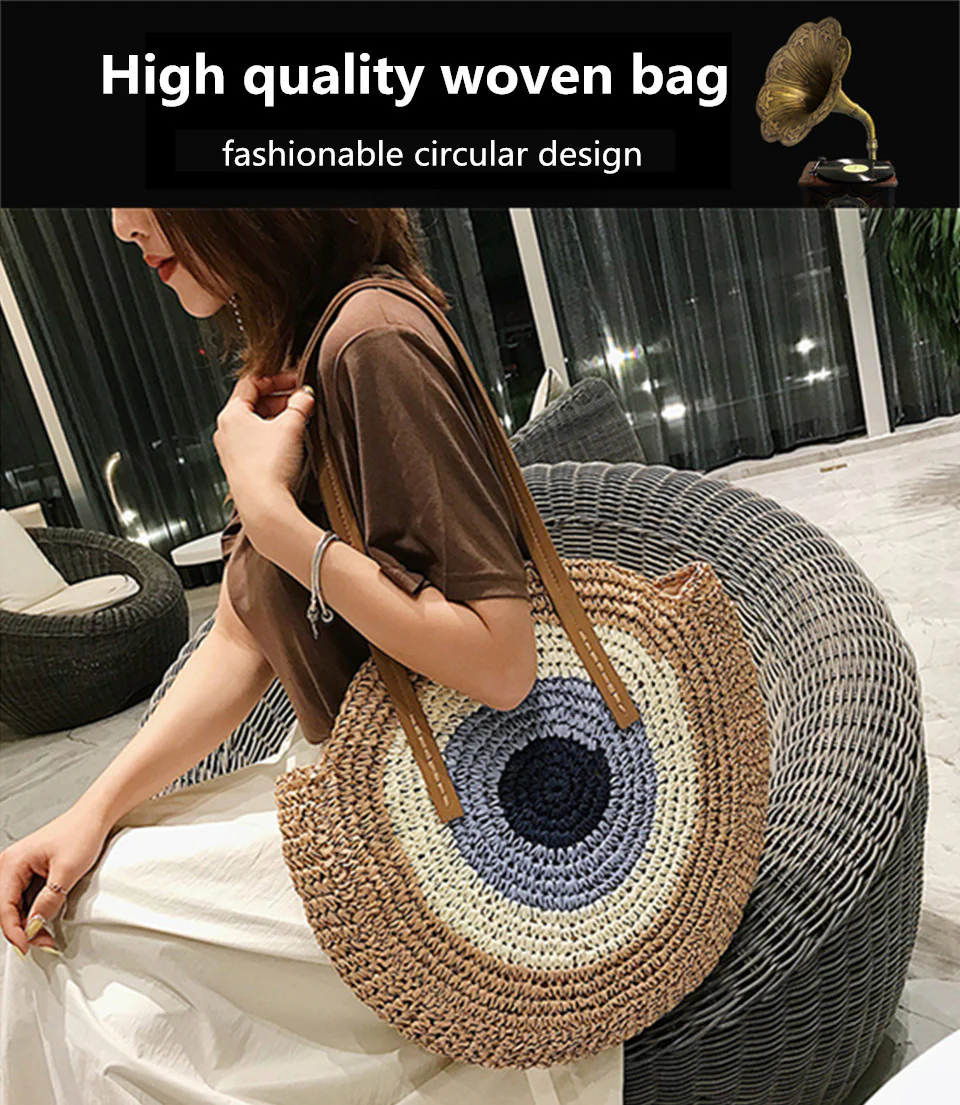 Large Woven Round Boho Bag �C Statement Straw Tote