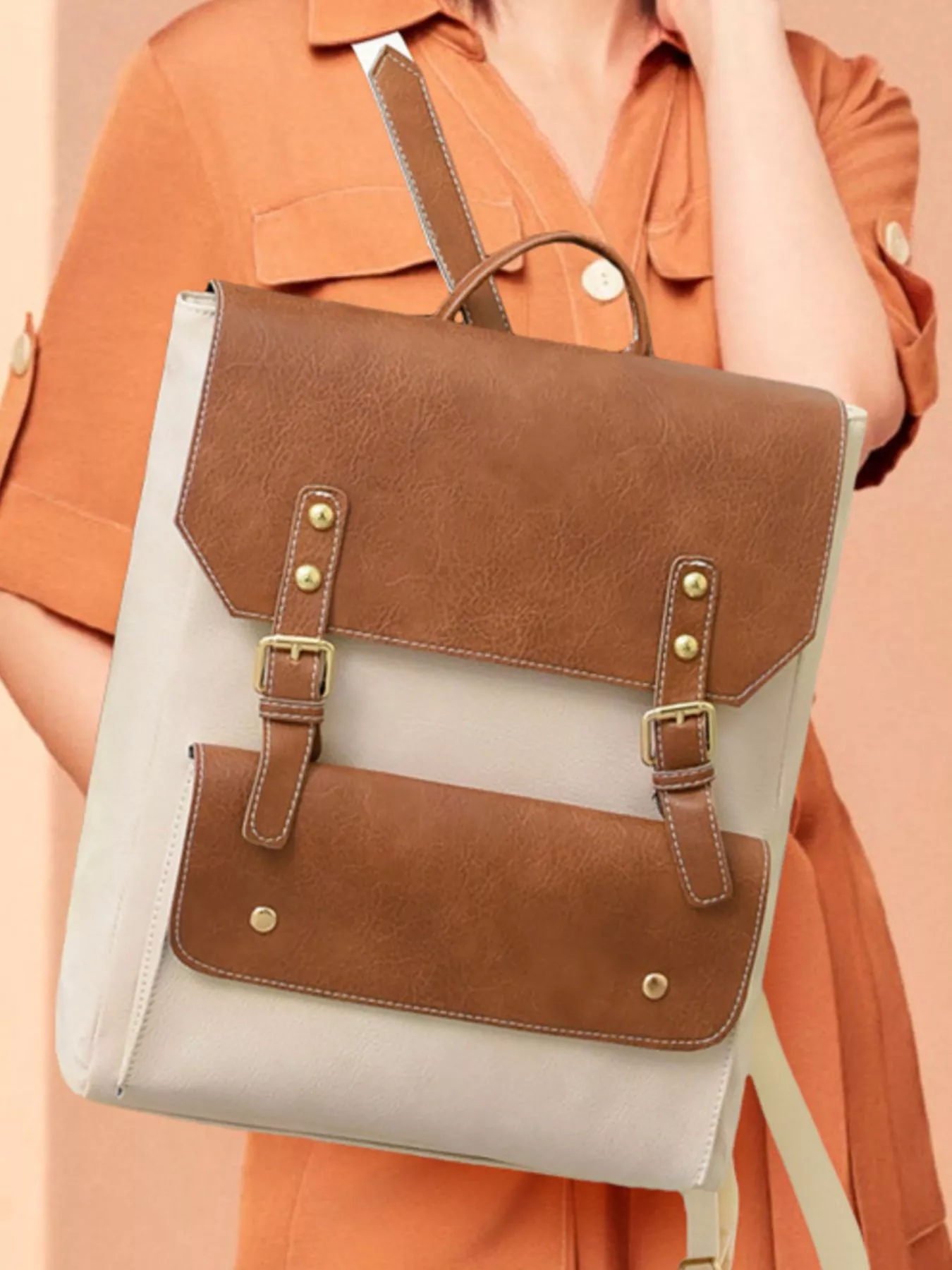 Two Tone Buckle Backpack Bag