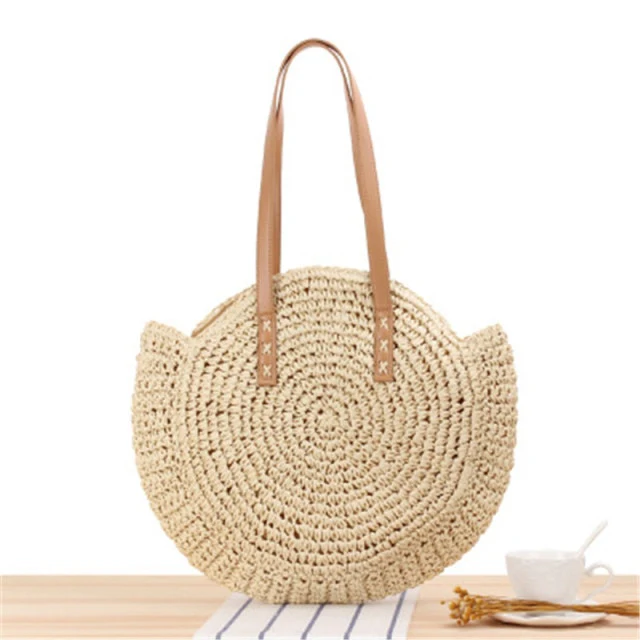 Large Woven Round Boho Bag �C Statement Straw Tote