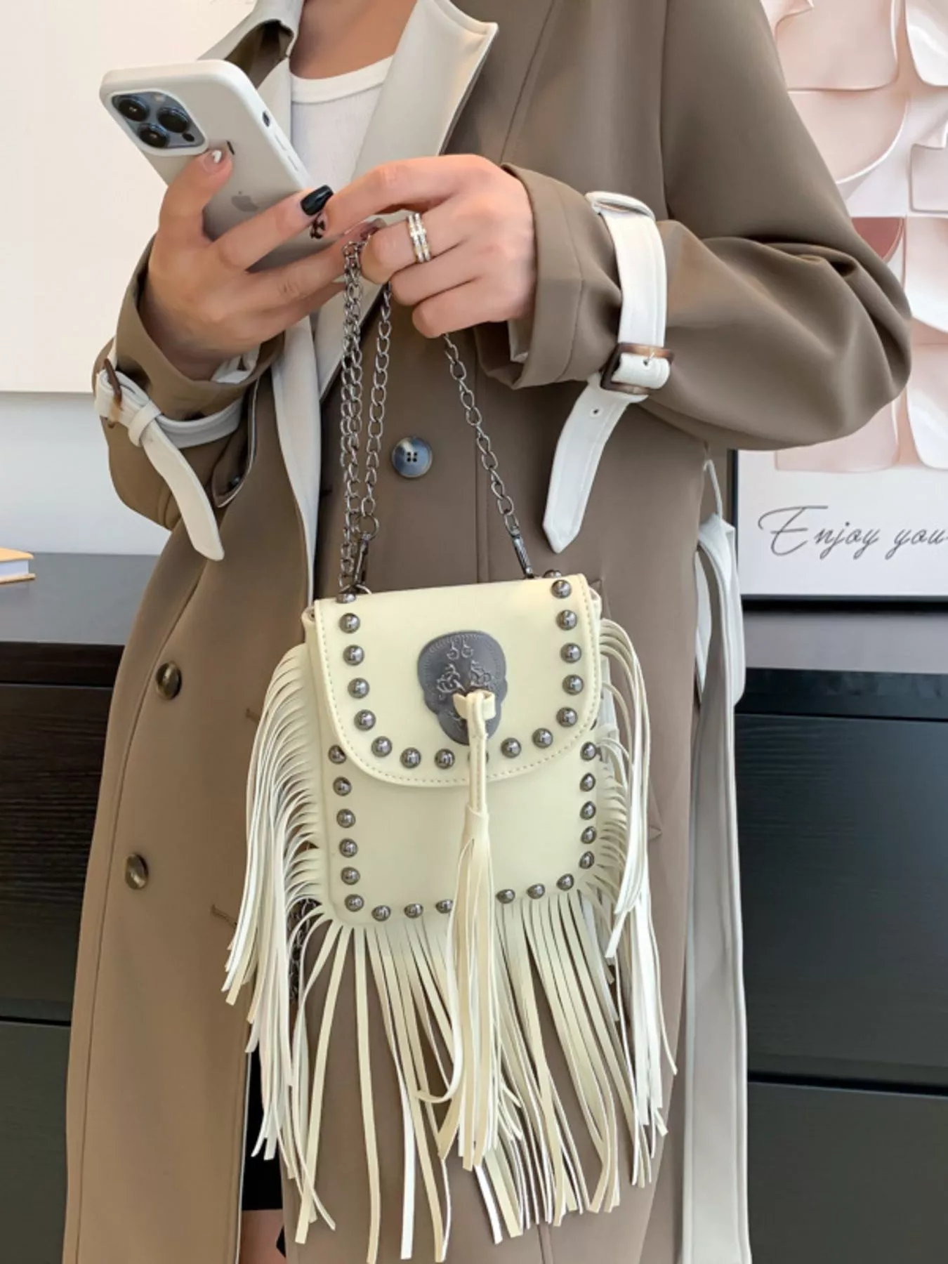 Fringe Rivet Decor Crossbody Bag