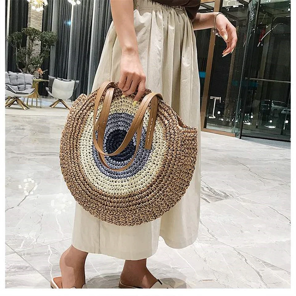 Large Woven Round Boho Bag �C Statement Straw Tote