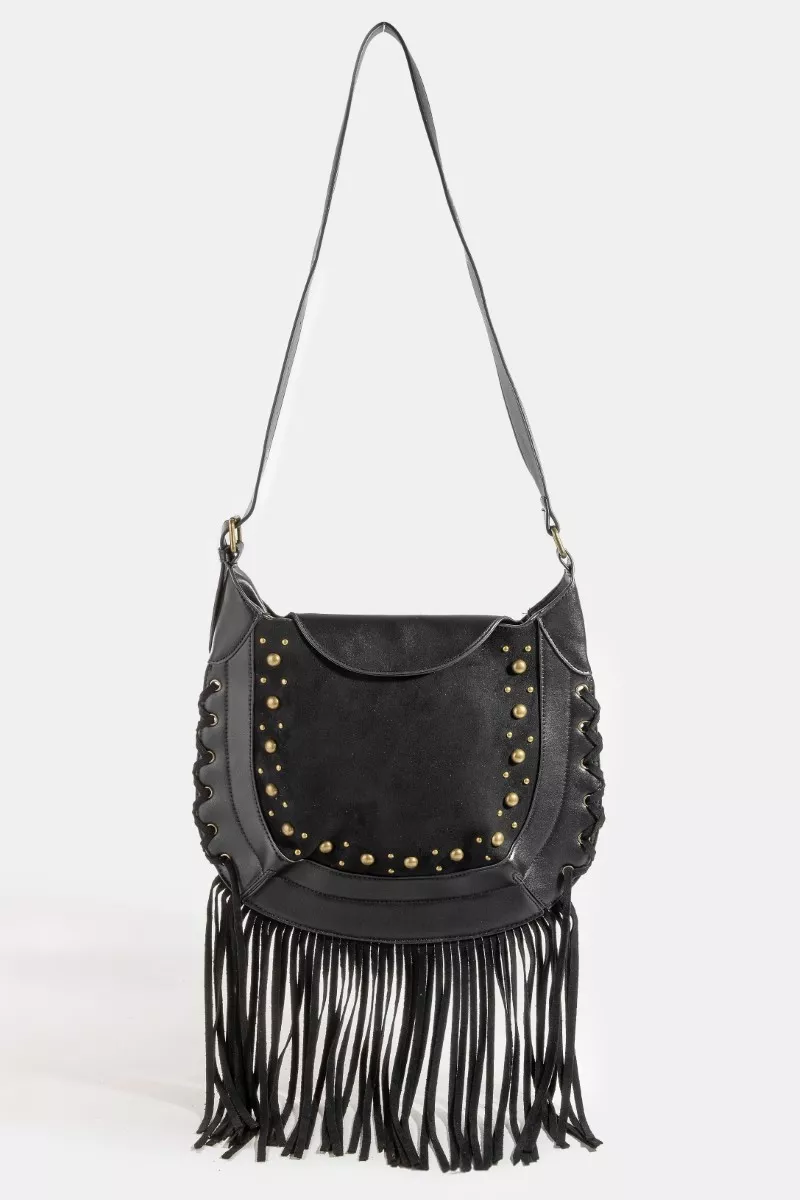 Fame Rivet Trim Suede Fringe Shoulder Bag