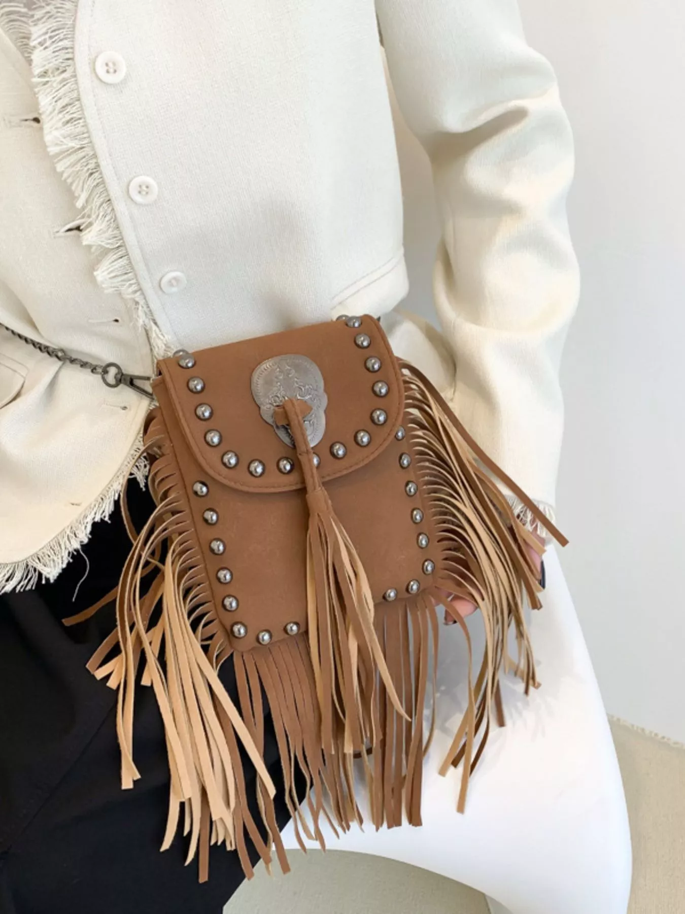 Fringe Rivet Decor Crossbody Bag
