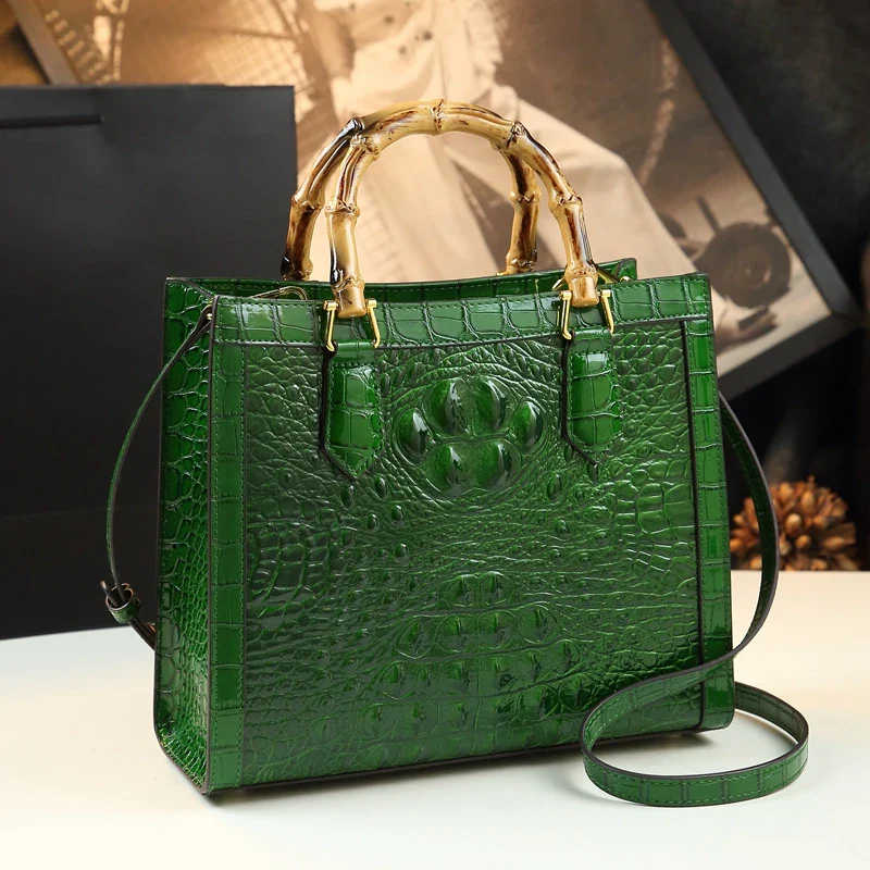 Crocodile Pattern Genuine Leather Structured Bag with Bamboo Handles
