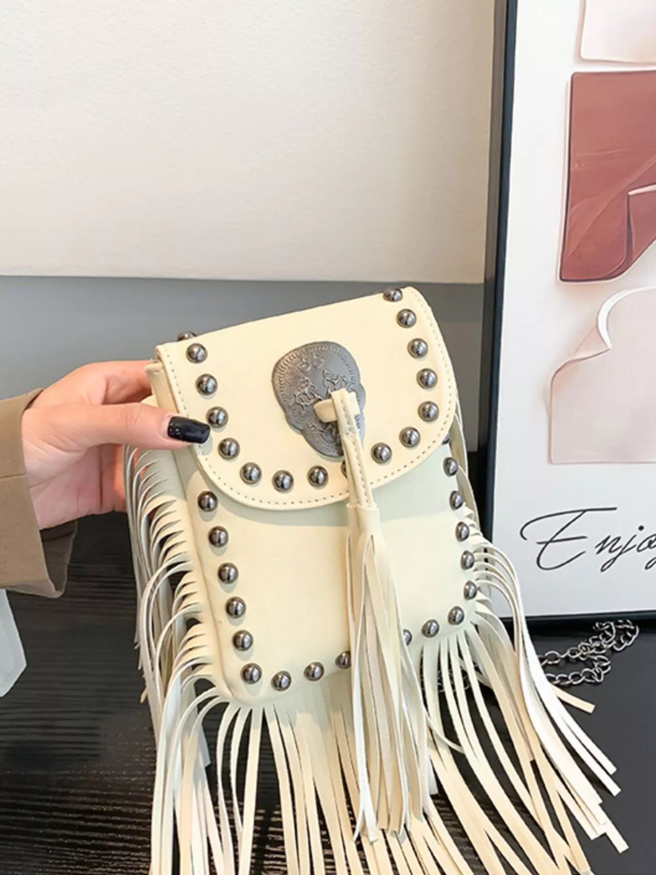 Fringe Rivet Decor Crossbody Bag