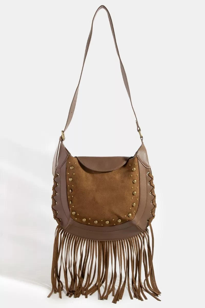 Fame Rivet Trim Suede Fringe Shoulder Bag