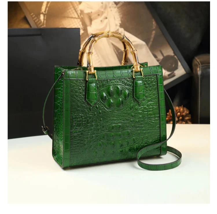 Crocodile Pattern Genuine Leather Structured Bag with Bamboo Handles