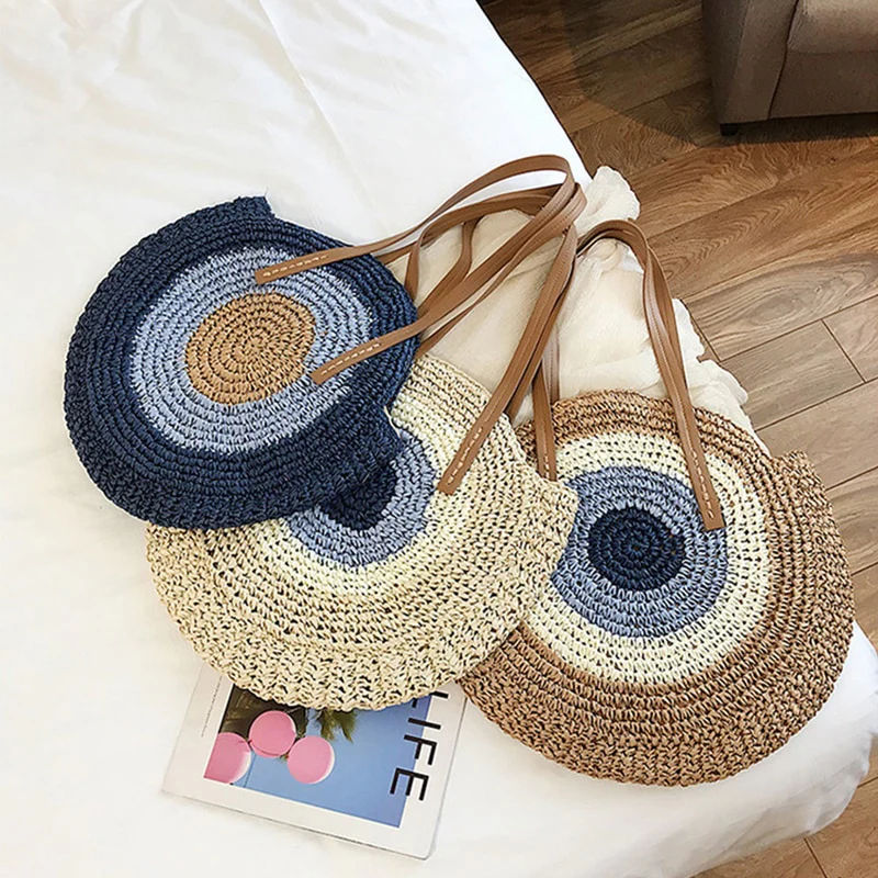 Large Woven Round Boho Bag �C Statement Straw Tote